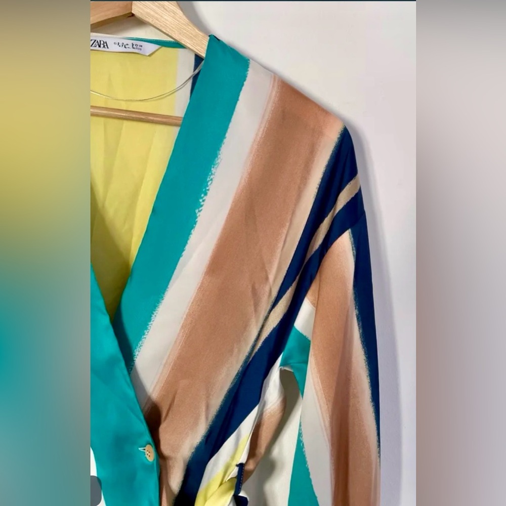 Zara NWOT Multicolor Striped Wrap Flowy Blouse W/Belt. Long Sleeves. Size Small. - Picture 9 of 12